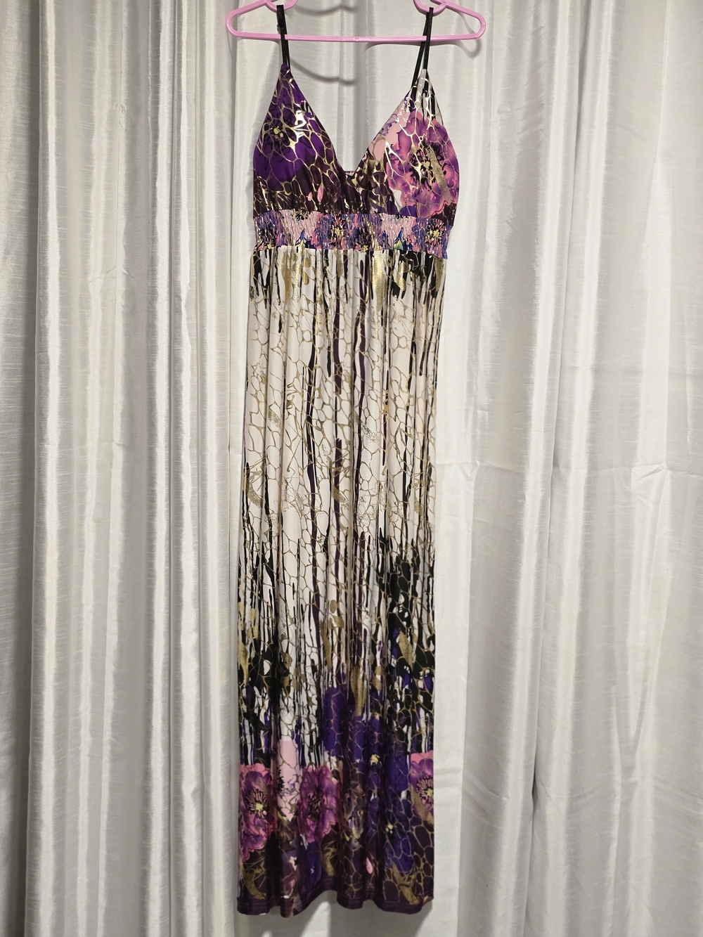 Y2K-style bohemian empire waist maxi Dress. Adjustable Spaghetti Straps & V-neck